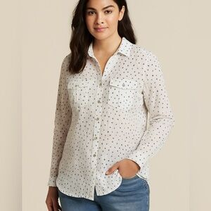 Eddie Bauer Womens Small White Gauze Button Down Shirt Cotton Floral Print Sheer